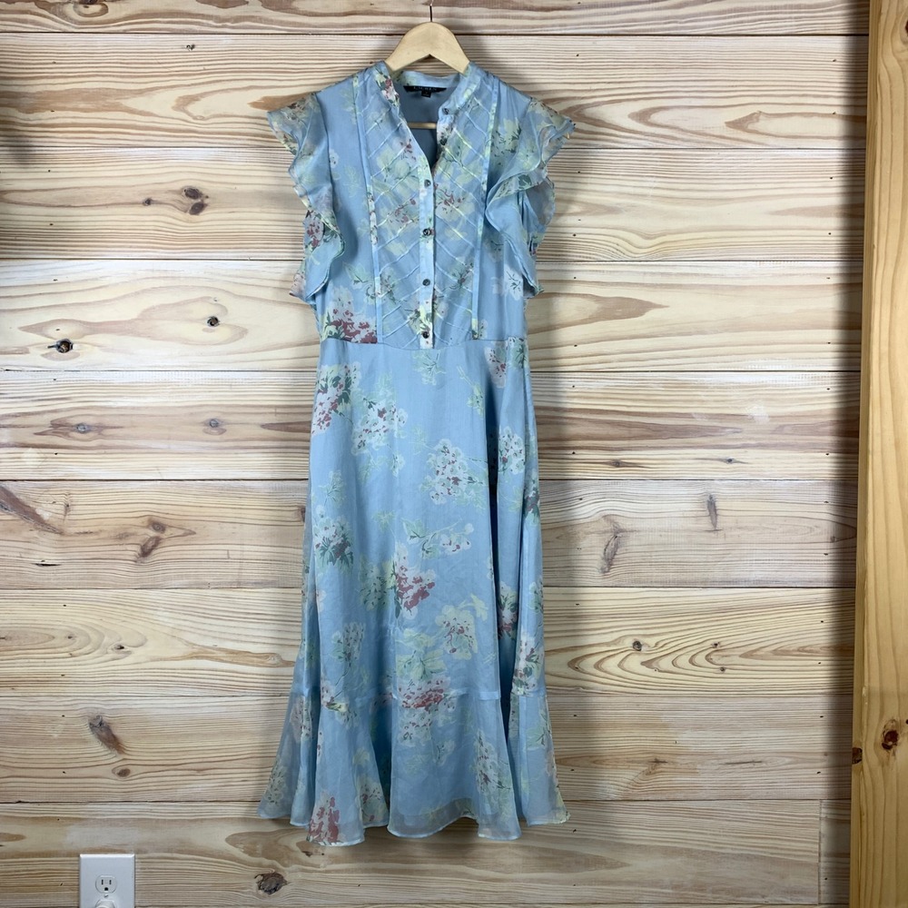 Lauren Ralph Lauren Midi Dress Womens 2 Blue Floral Ruffle Sheer Overlay Pockets
